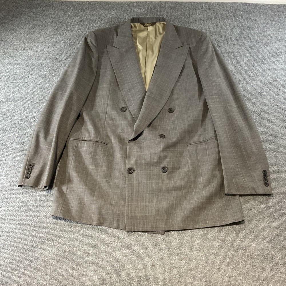 Paul Stuart Mens 46 XL Grey Glen Plaid Wool Double Breasted Blazer Vintage